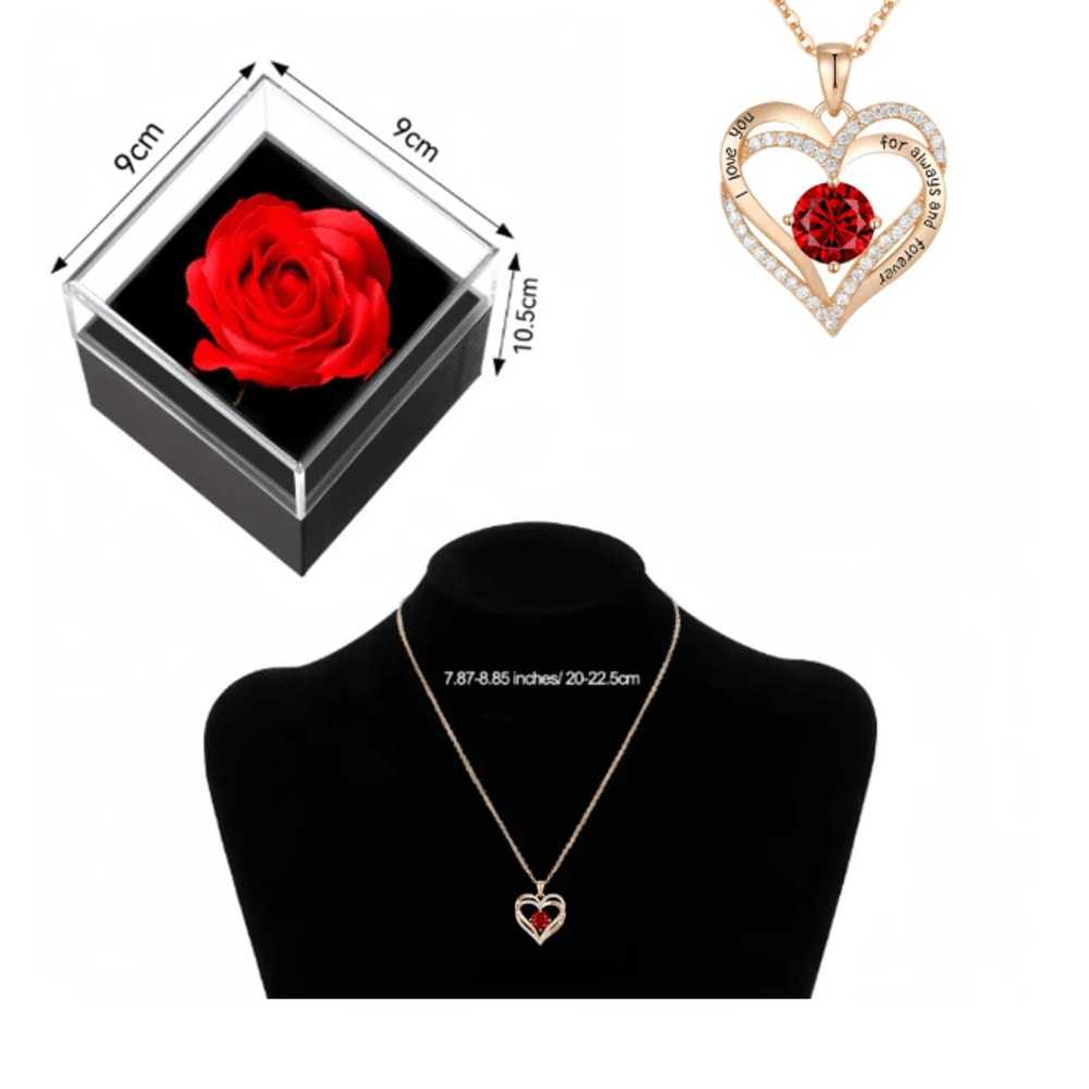 Red Zircon Heart Pendant Necklace With Rose Gift Box For Her 3