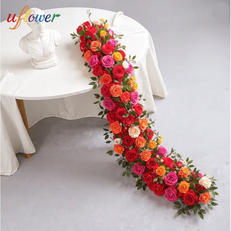Luxury Red Rose Artificial Flower Row Wedding Table Centerpiece Decor 0