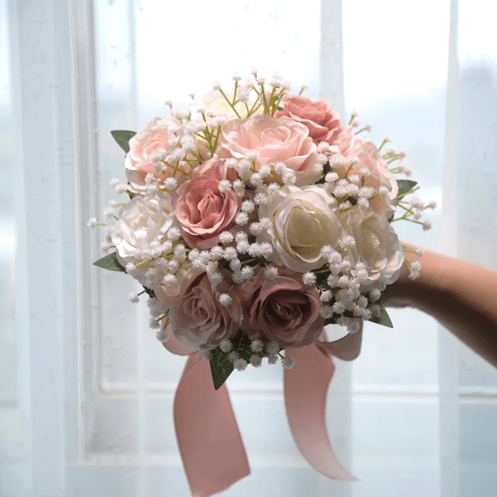 Romantic Silk Peony Rose Wedding Bouquet For Bride And Bridesmaids 3