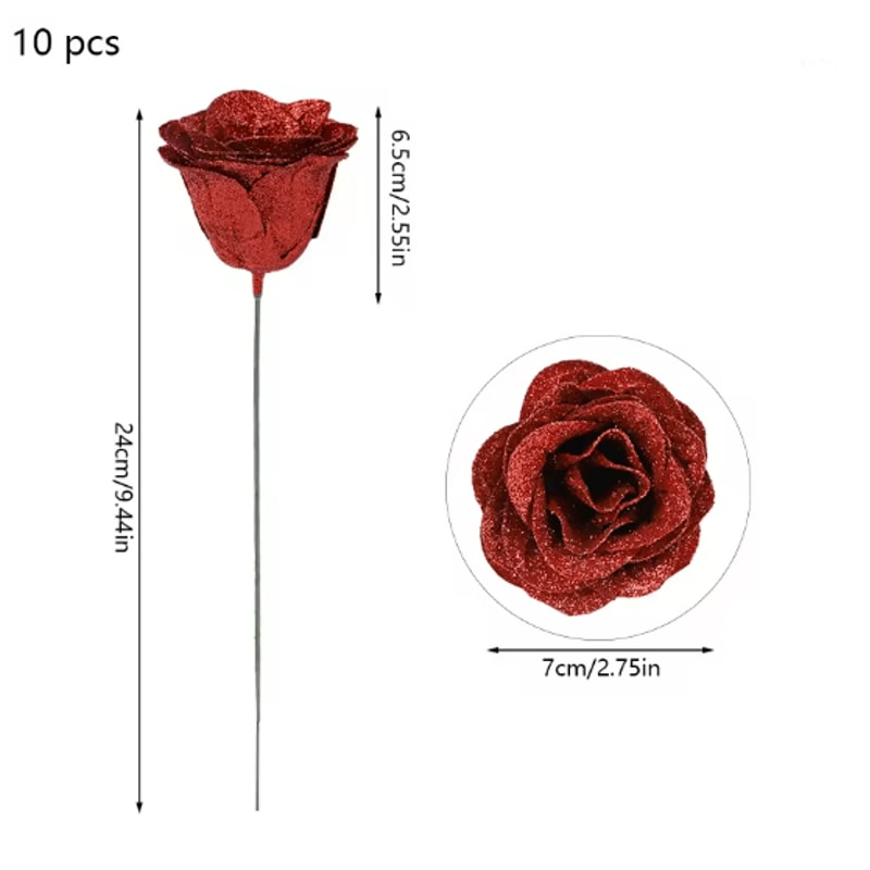 10 Piece Glitter Red Artificial Rose Bouquet For Wedding And Party Decor 4