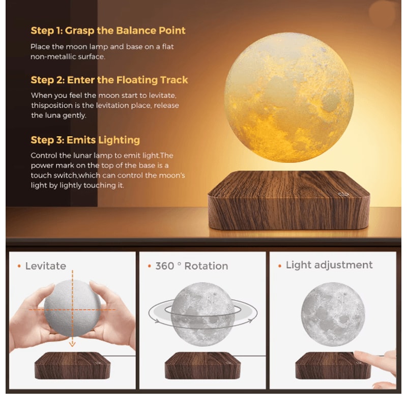 Levitating Moon Magnetic Floating Night Light 3D LED Lamp With Wooden Base 1