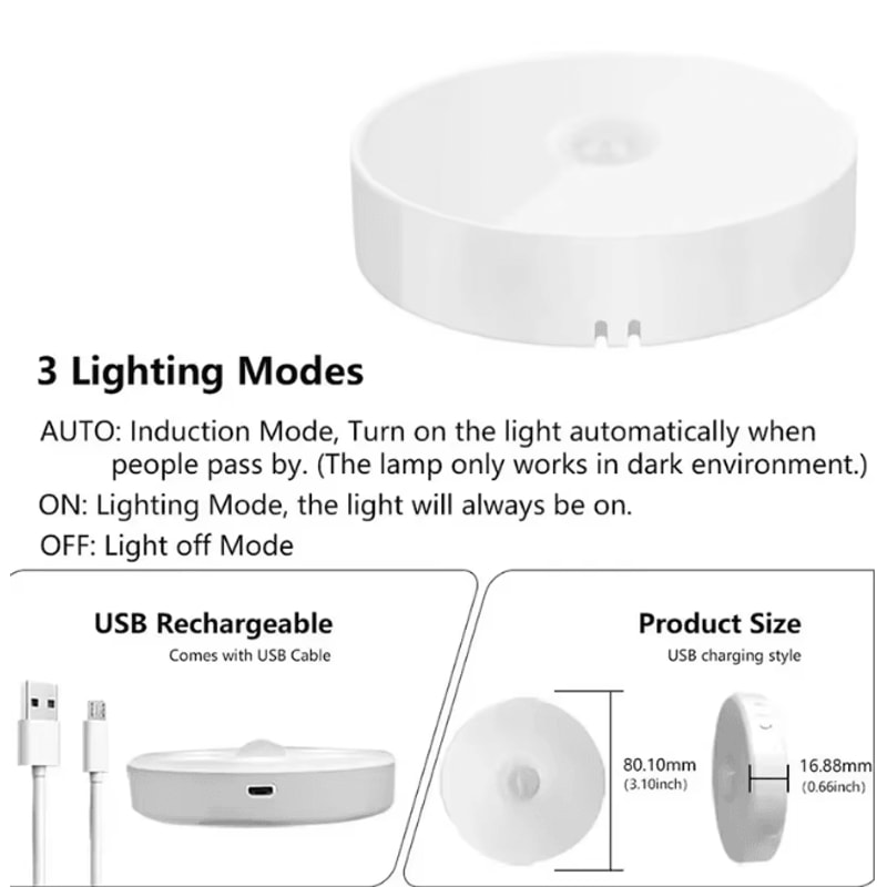 USB Rechargeable Motion Sensor LED Night Light Wireless Closet And Cabinet Lamp 3