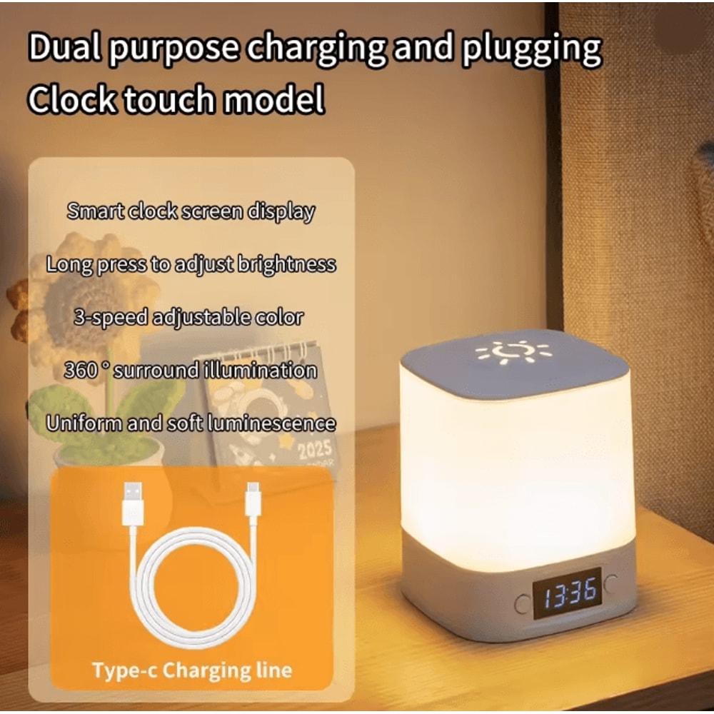 Rechargeable LED Night Light With Time Display Adjustable Bedside Lamp 3
