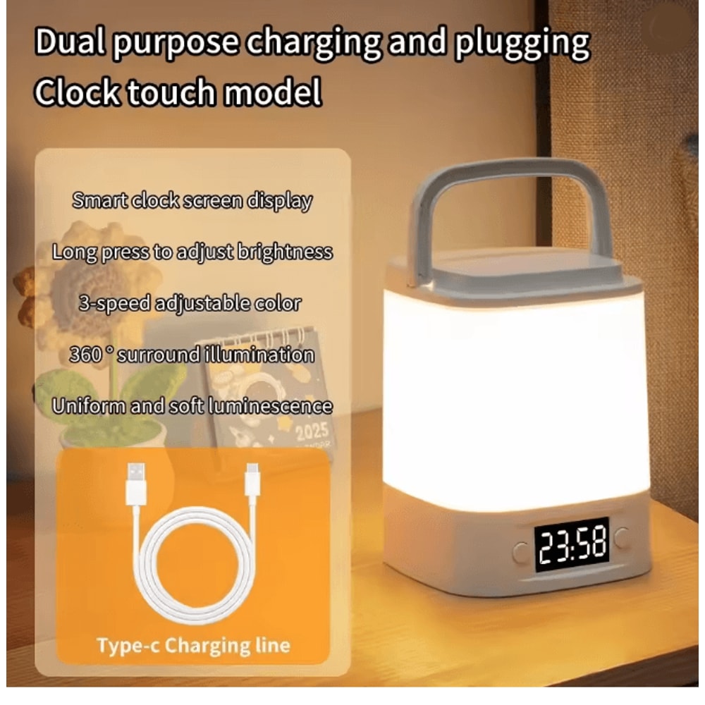 Rechargeable LED Night Light With Time Display Adjustable Bedside Lamp 6