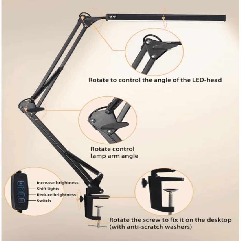 10W LED Desk Lamp With Clamp Swing Arm Dimmable Eye Caring Light 1