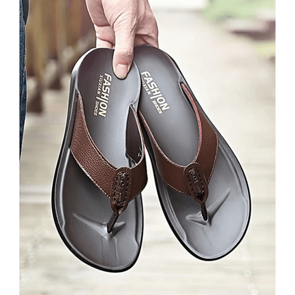 Genuine Leather Mens Flip Flops Soft Sole Summer Beach Sandals 1