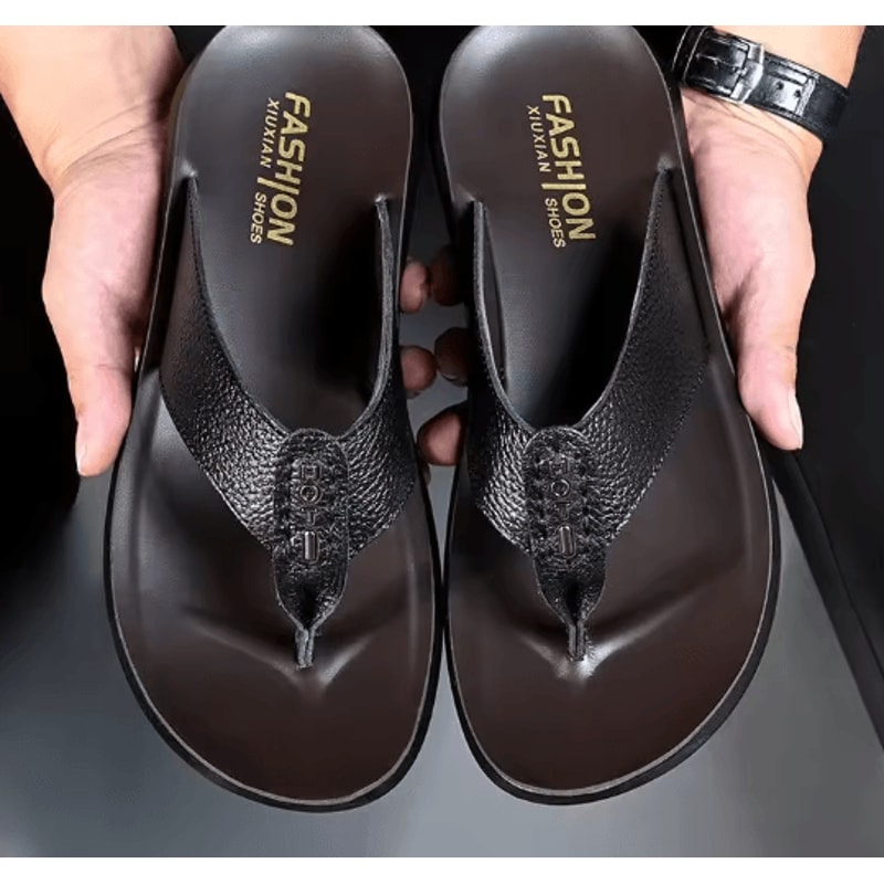 Genuine Leather Mens Flip Flops Soft Sole Summer Beach Sandals 3