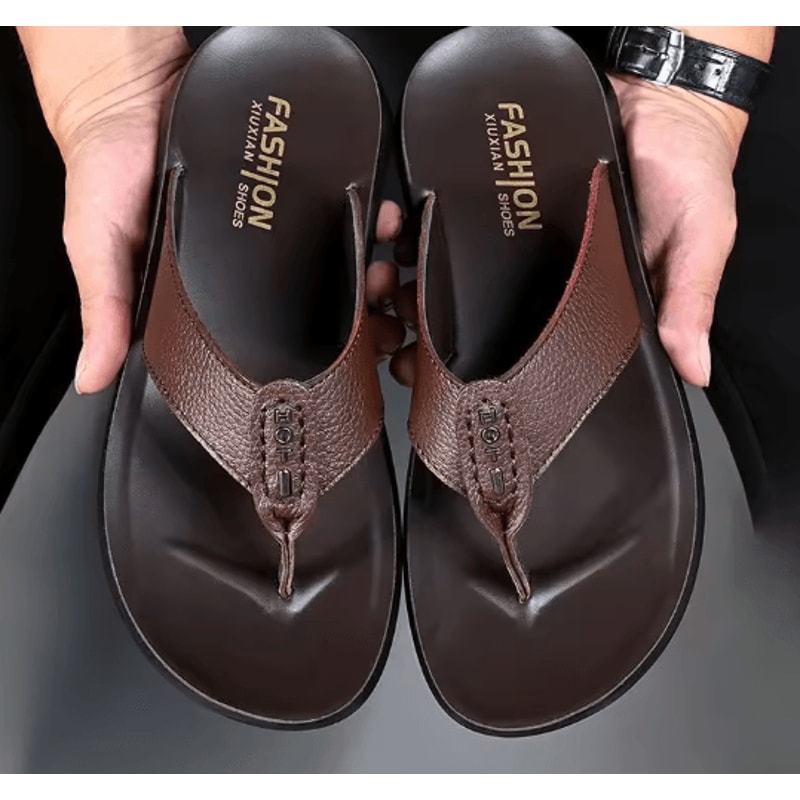 Genuine Leather Mens Flip Flops Soft Sole Summer Beach Sandals 4