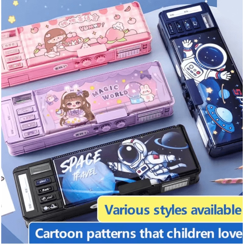 Multifunction Password Lock Pencil Box Double Layer Student Organizer 0