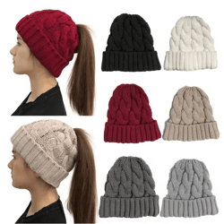 womens knit pom pom beanie winter ponytail hat with ear braids