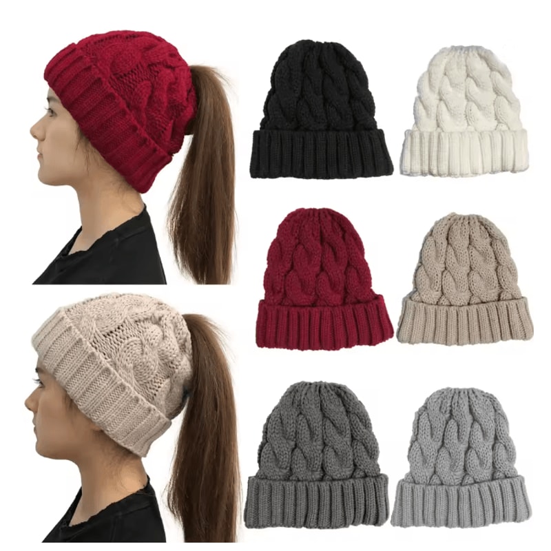 Womens Knit Pom Pom Beanie Winter Ponytail Hat With Ear Braids 0
