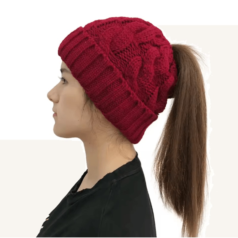 Womens Knit Pom Pom Beanie Winter Ponytail Hat With Ear Braids 1