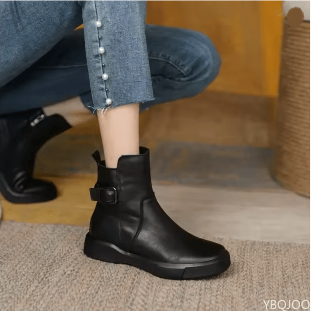 Womens Retro Leather Ankle Boots Casual Platform Short Boots 0