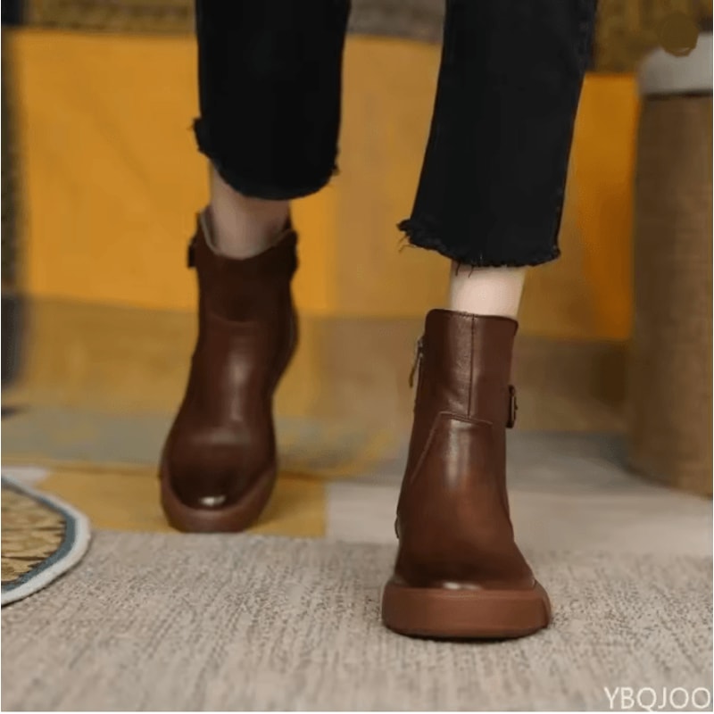 Womens Retro Leather Ankle Boots Casual Platform Short Boots 3