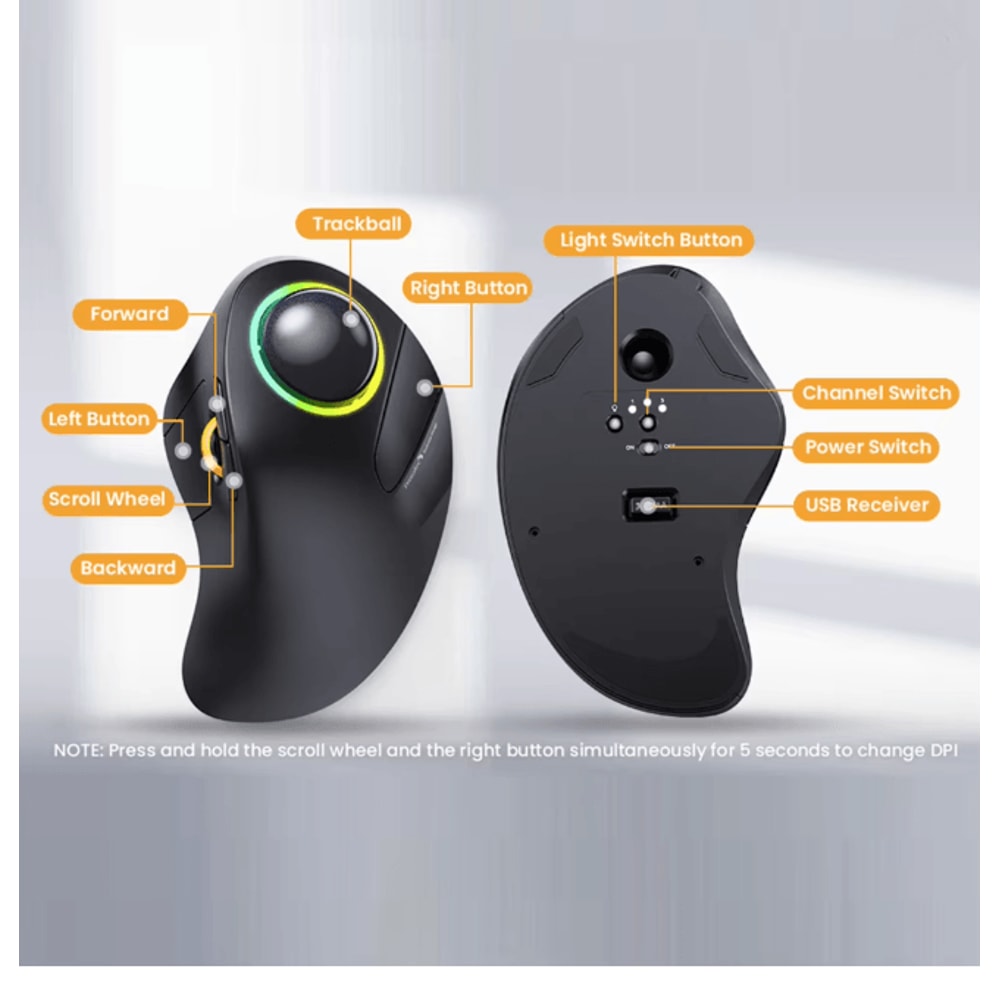 Rechargeable Wireless Trackball Mouse Ergonomic RGB Rollerball For PC And Laptop 3