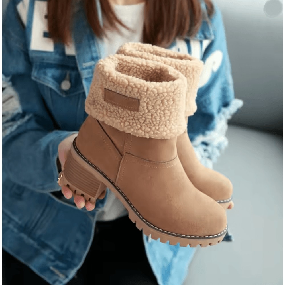 Womens Fur Lined Snow Boots With Square High Heel Winter Ankle Boots 0