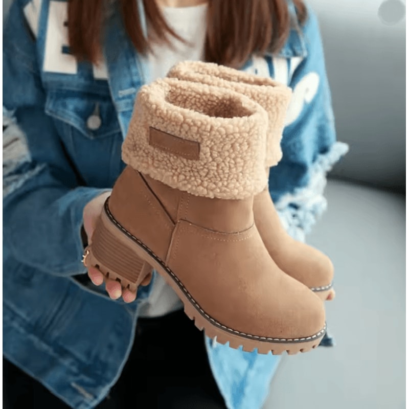 Womens Fur Lined Snow Boots With Square High Heel Winter Ankle Boots 0