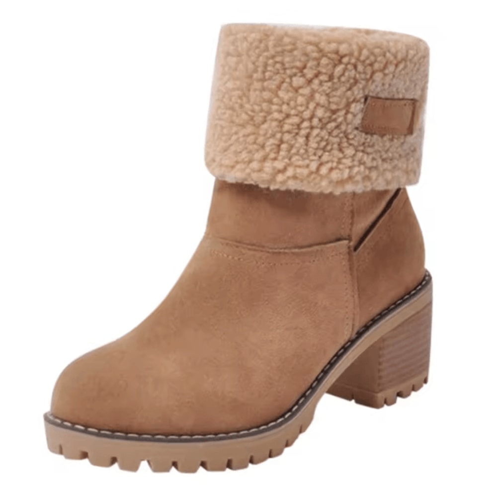 Womens Fur Lined Snow Boots With Square High Heel Winter Ankle Boots 7