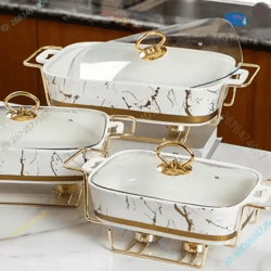 rectangular ceramic soup warmer pot with candle heater and serving tray