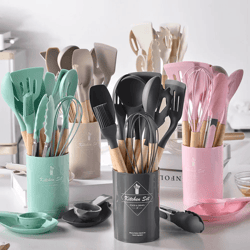 12 piece mint green silicone kitchen utensils set with wooden handles and holder
