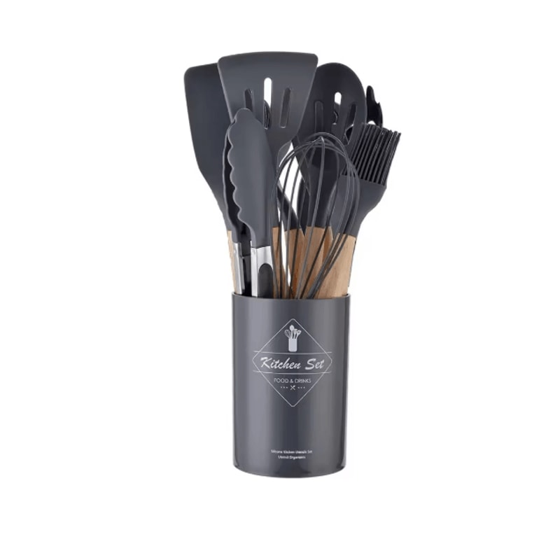 12 Piece Mint Green Silicone Kitchen Utensils Set With Wooden Handles And Holder 3