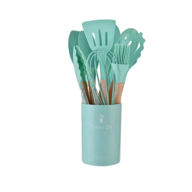 12 Piece Mint Green Silicone Kitchen Utensils Set With Wooden Handles And Holder 4