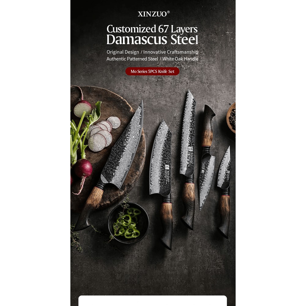 XINZUO 5 Piece Kitchen Knife Set With G10 Oak Handles Chef Santoku Bread And Paring Knives 0