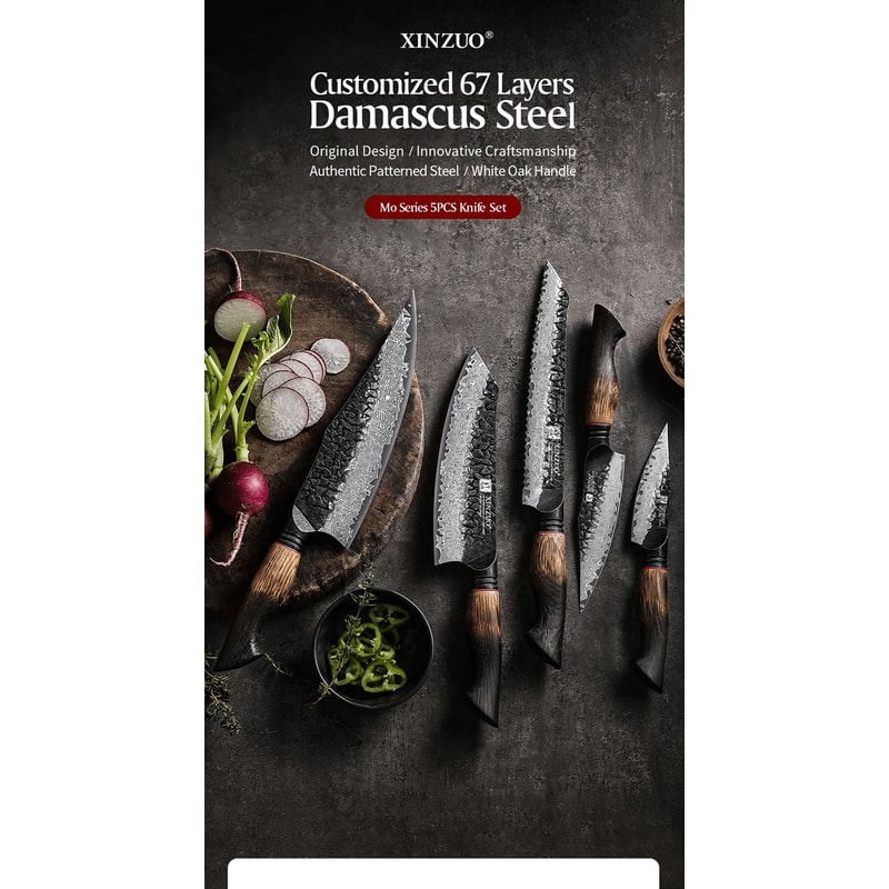 XINZUO 5 Piece Kitchen Knife Set With G10 Oak Handles Chef Santoku Bread And Paring Knives 0