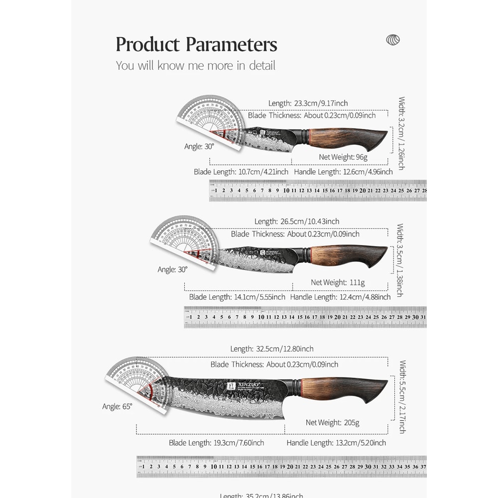XINZUO 5 Piece Kitchen Knife Set With G10 Oak Handles Chef Santoku Bread And Paring Knives 2