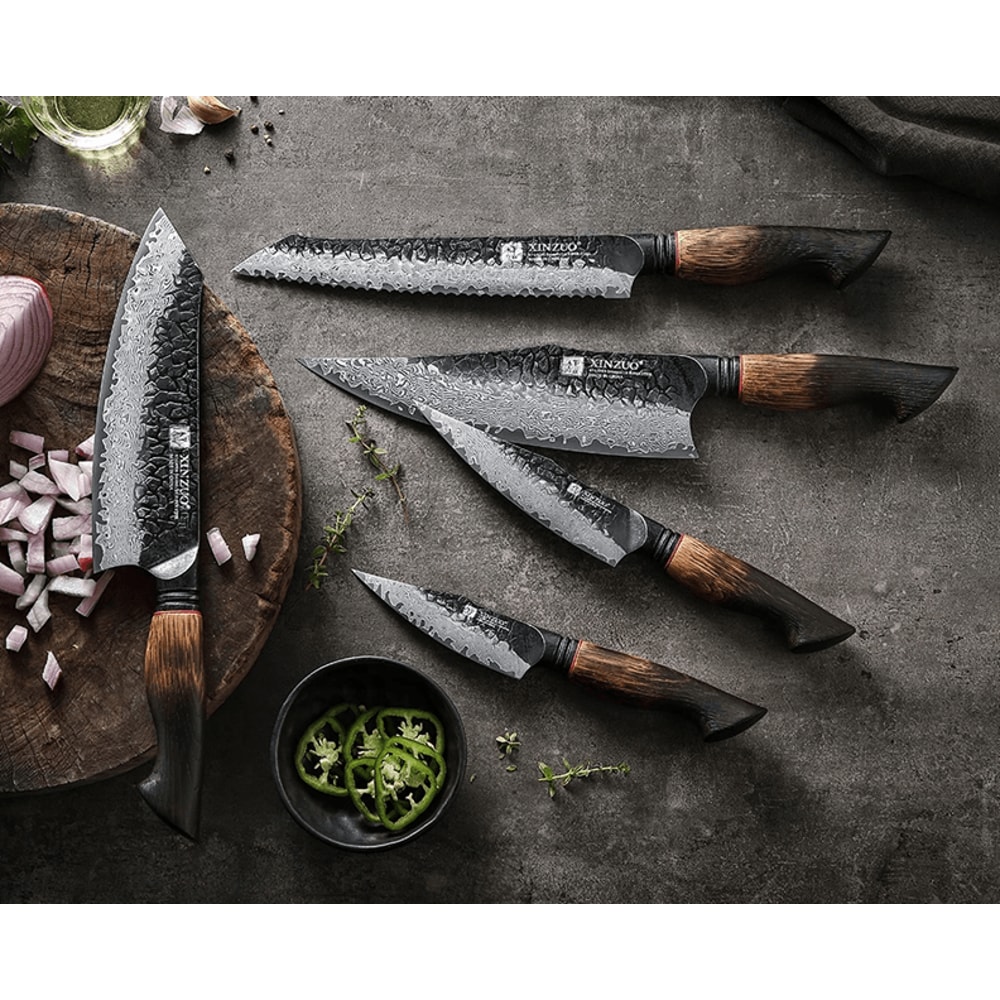 XINZUO 5 Piece Kitchen Knife Set With G10 Oak Handles Chef Santoku Bread And Paring Knives 3