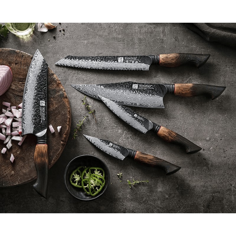 XINZUO 5 Piece Kitchen Knife Set With G10 Oak Handles Chef Santoku Bread And Paring Knives 3