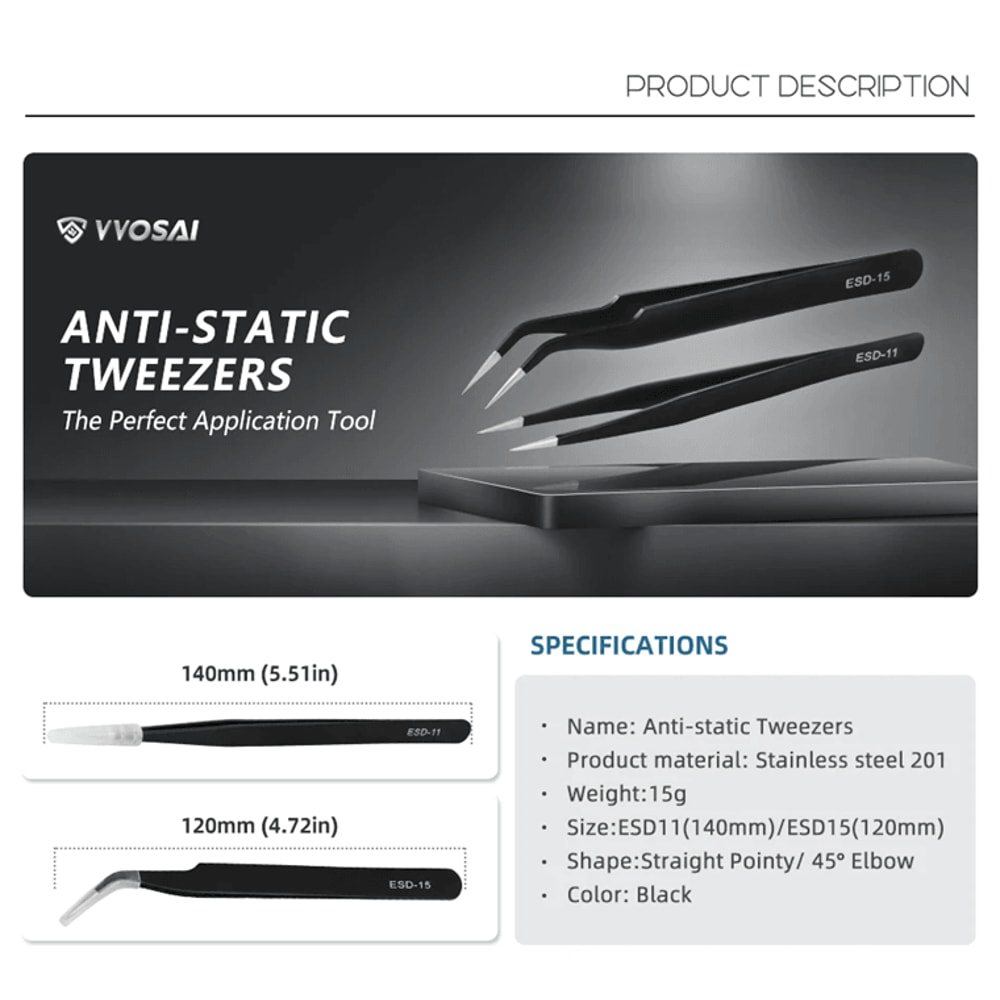 VVOSAI Anti Static Precision Tweezers Set For Phone And IC Repair 0