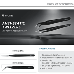 vvosai anti static precision tweezers set for phone and ic repair
