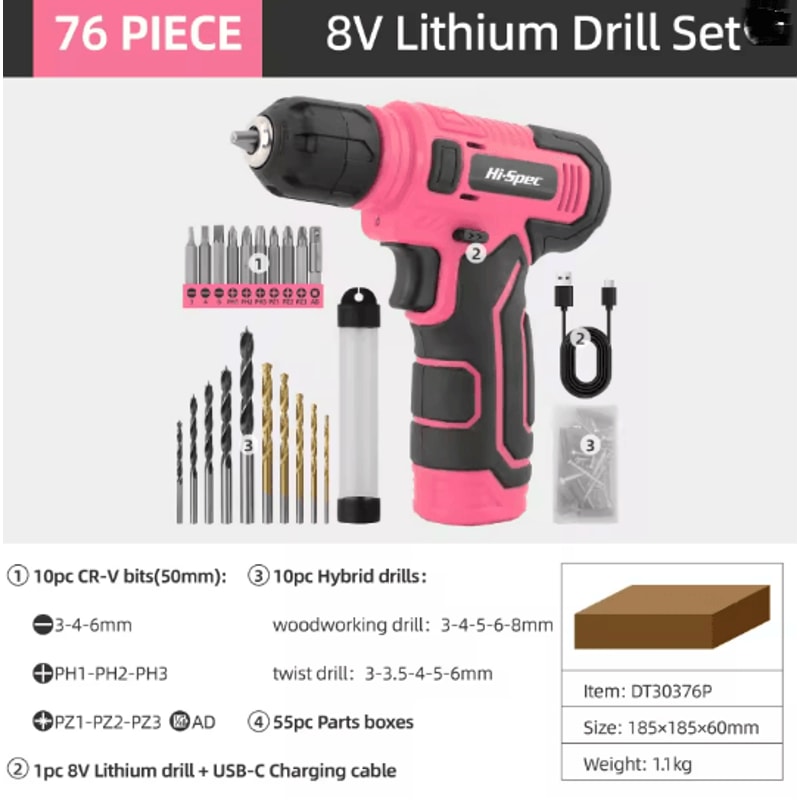 Hi Spec 133 Piece Pink Power Tool Set With 8V Lithium Drill And Toolbox 1