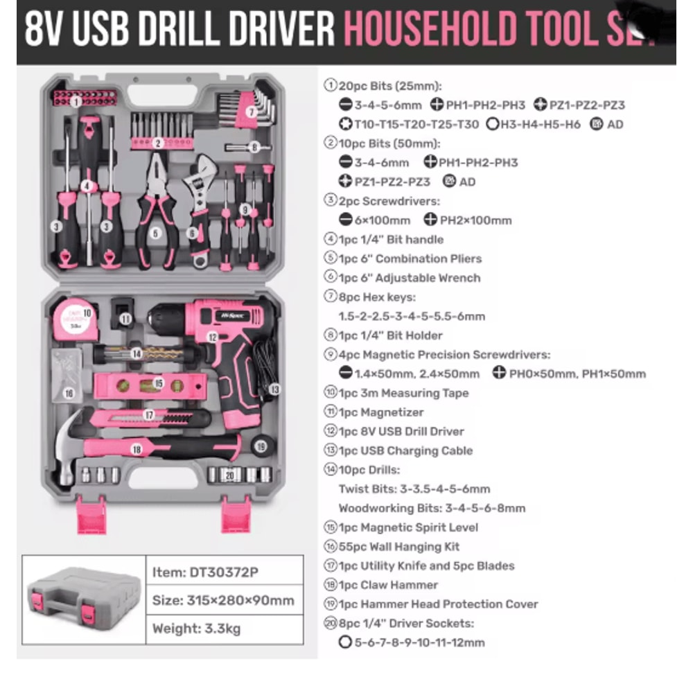 Hi Spec 133 Piece Pink Power Tool Set With 8V Lithium Drill And Toolbox 2