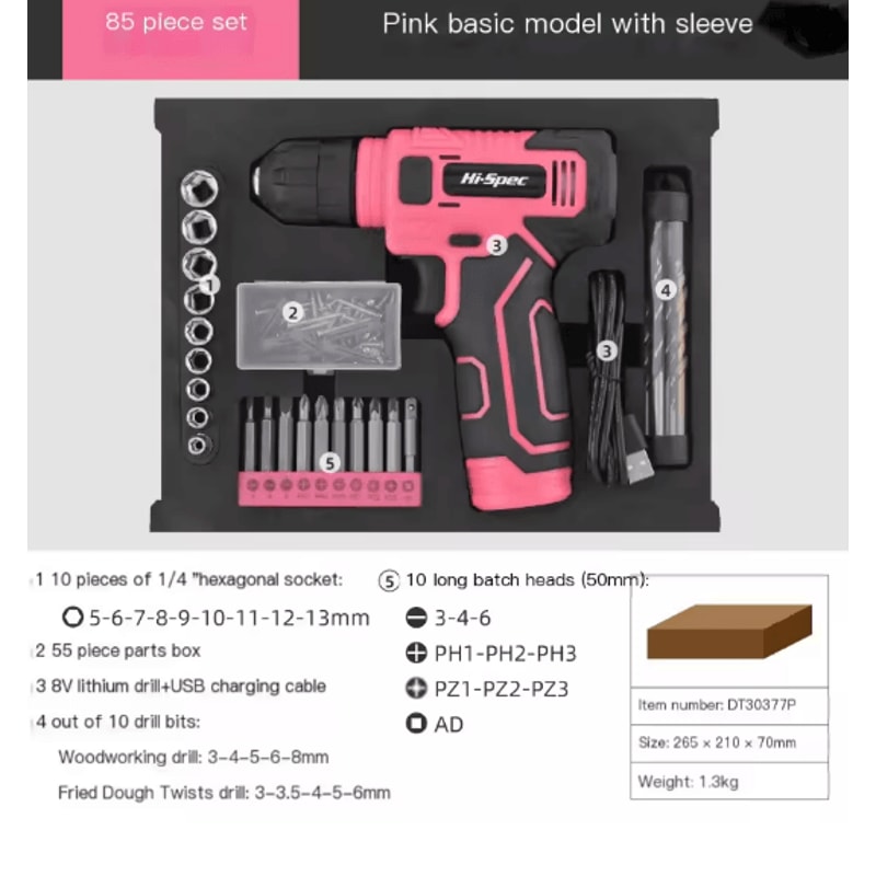 Hi Spec 133 Piece Pink Power Tool Set With 8V Lithium Drill And Toolbox 6