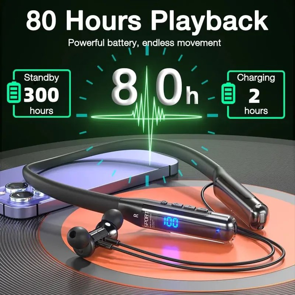 80 Hour Neckband Bluetooth Headphones Wireless Stereo Earphones 1