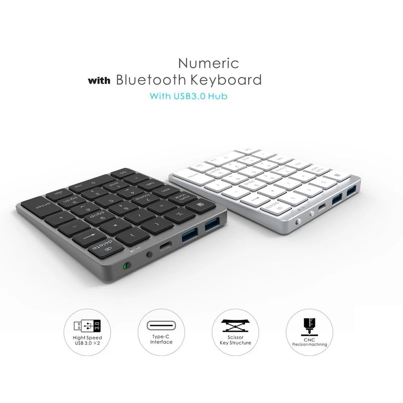 Aluminum Bluetooth Numeric Keypad With USB Hub For Laptop Tablet And Desktop 5