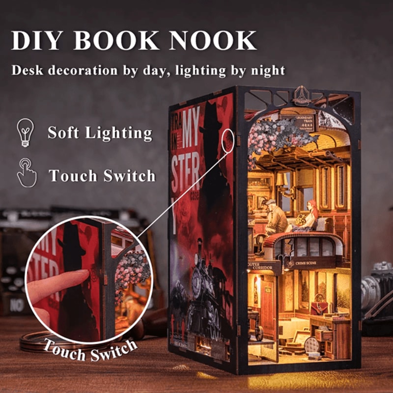 DIY Book Nook Kit Detective Train Mystery Wooden Puzzle Bookshelf Insert 0