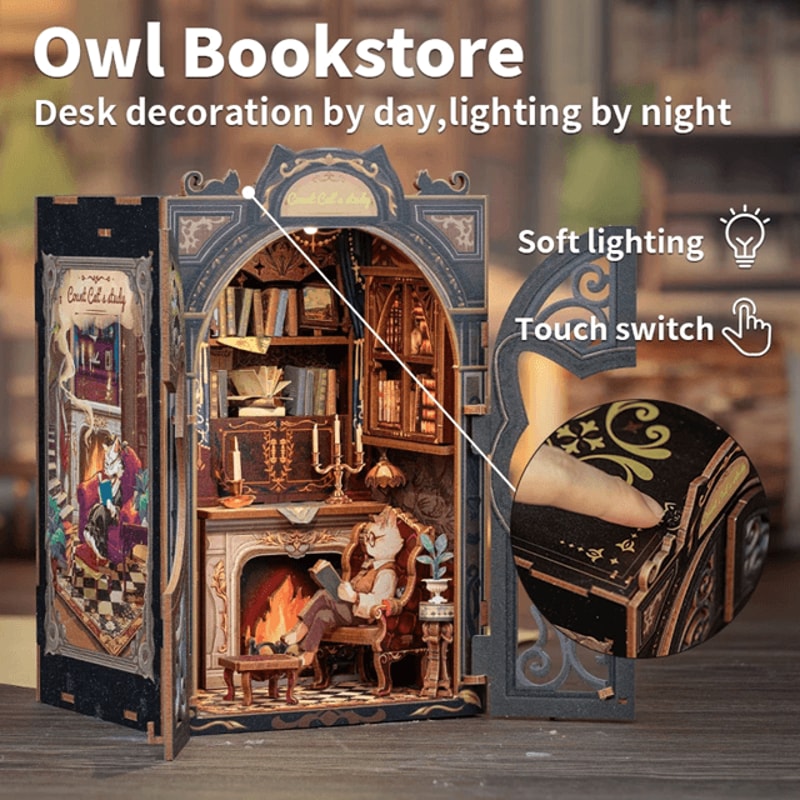 DIY Book Nook Kit Cats Study Miniature Wooden Dollhouse With LED Lights Bookshelf Insert 2