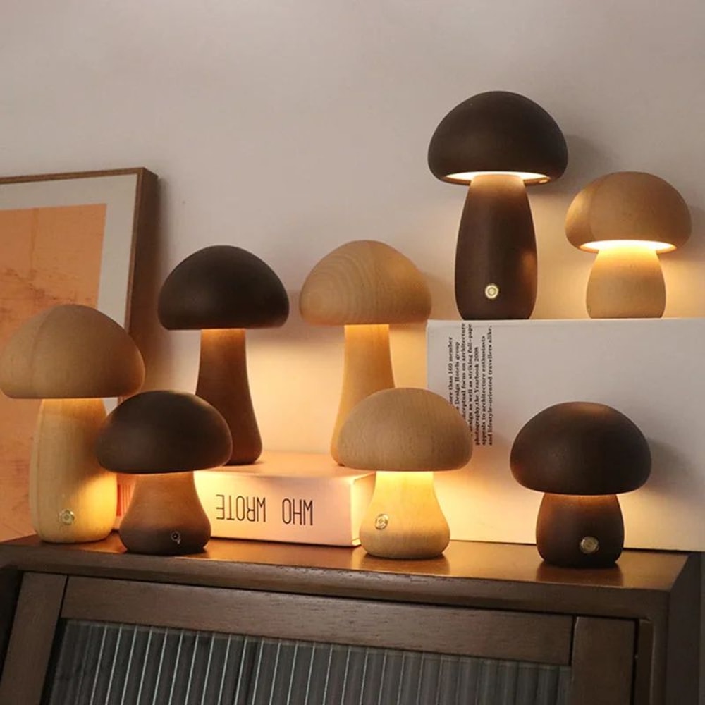 Wooden Mushroom Night Light Touch Control Dimmable Bedside Lamp 0