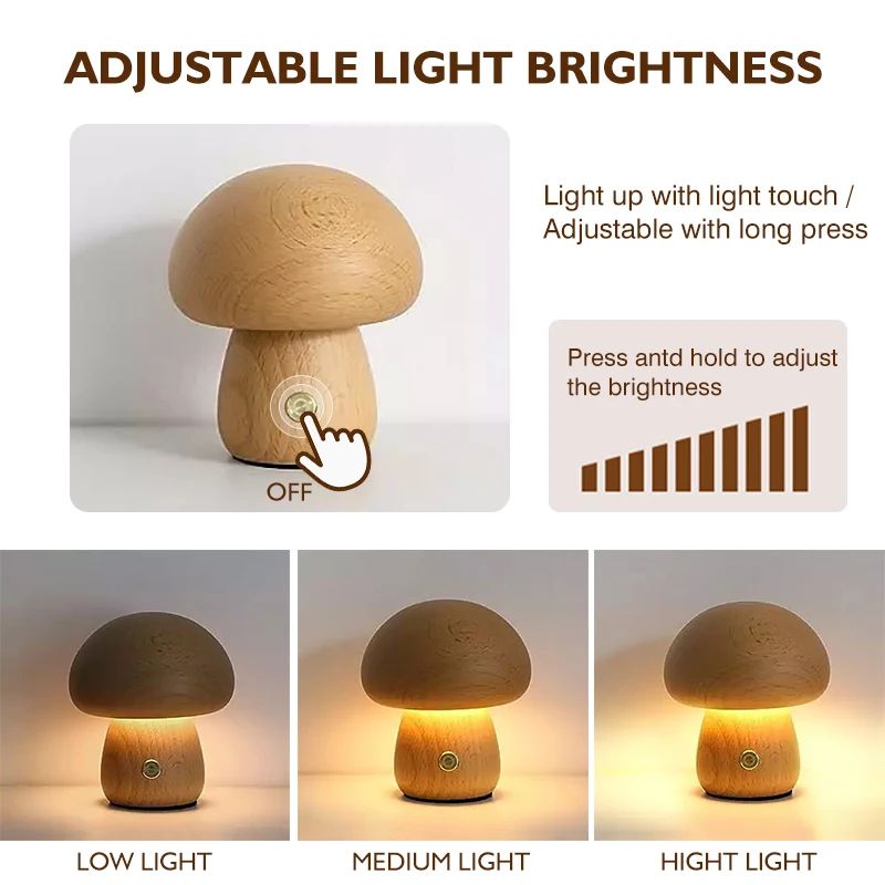 Wooden Mushroom Night Light Touch Control Dimmable Bedside Lamp 1