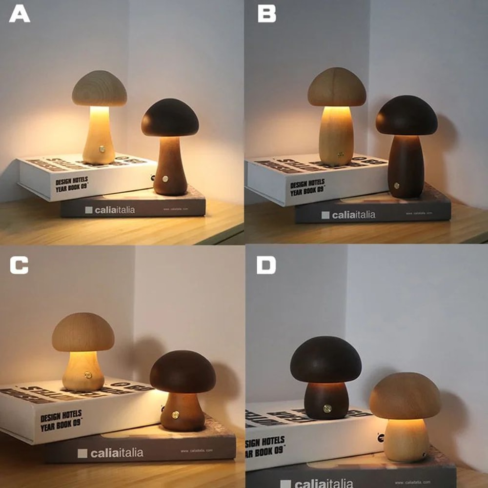 Wooden Mushroom Night Light Touch Control Dimmable Bedside Lamp 2