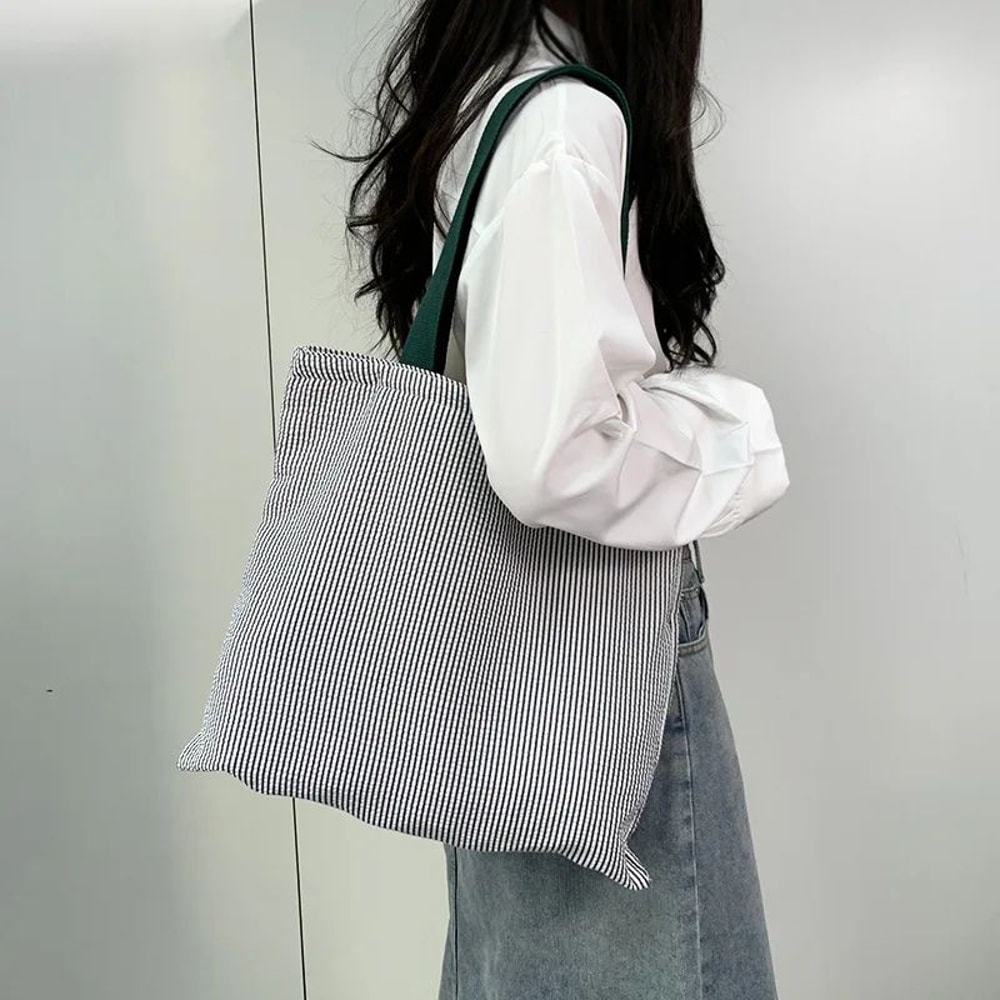 Striped Canvas Tote Bag For Women Large Capacity College And Commuter Shoulder Bag 3