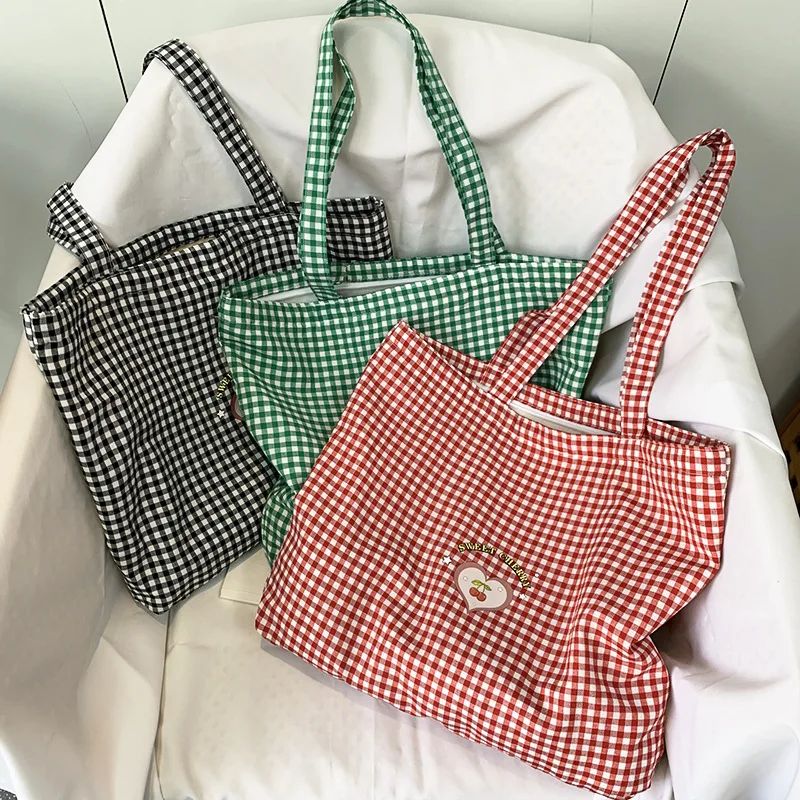 Retro Plaid Canvas Tote Bag For Women Zipper College Shoulder Shopping Bag 0
