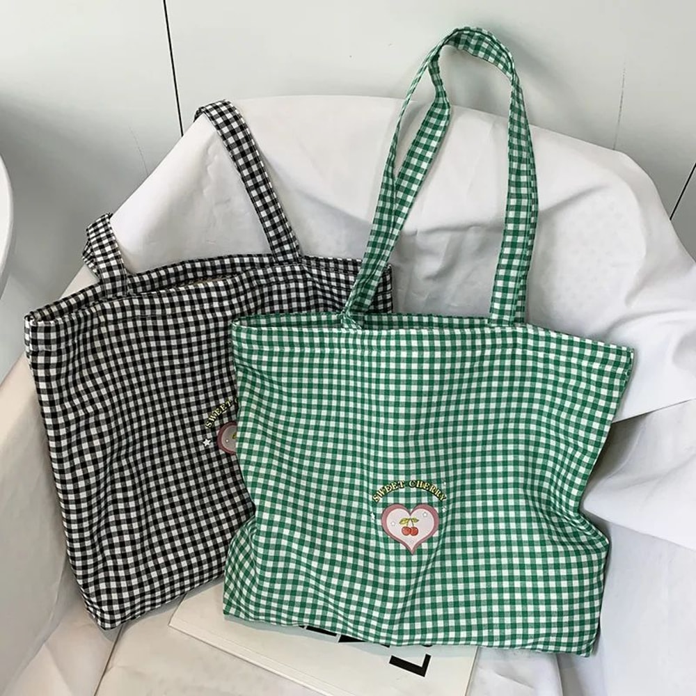 Retro Plaid Canvas Tote Bag For Women Zipper College Shoulder Shopping Bag 1