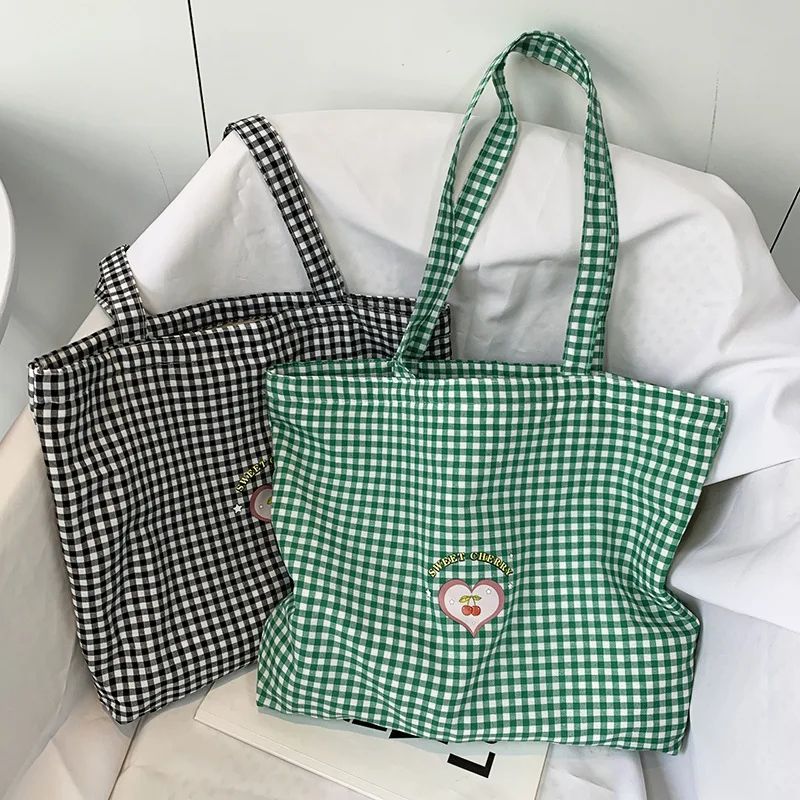 Retro Plaid Canvas Tote Bag For Women Zipper College Shoulder Shopping Bag 1