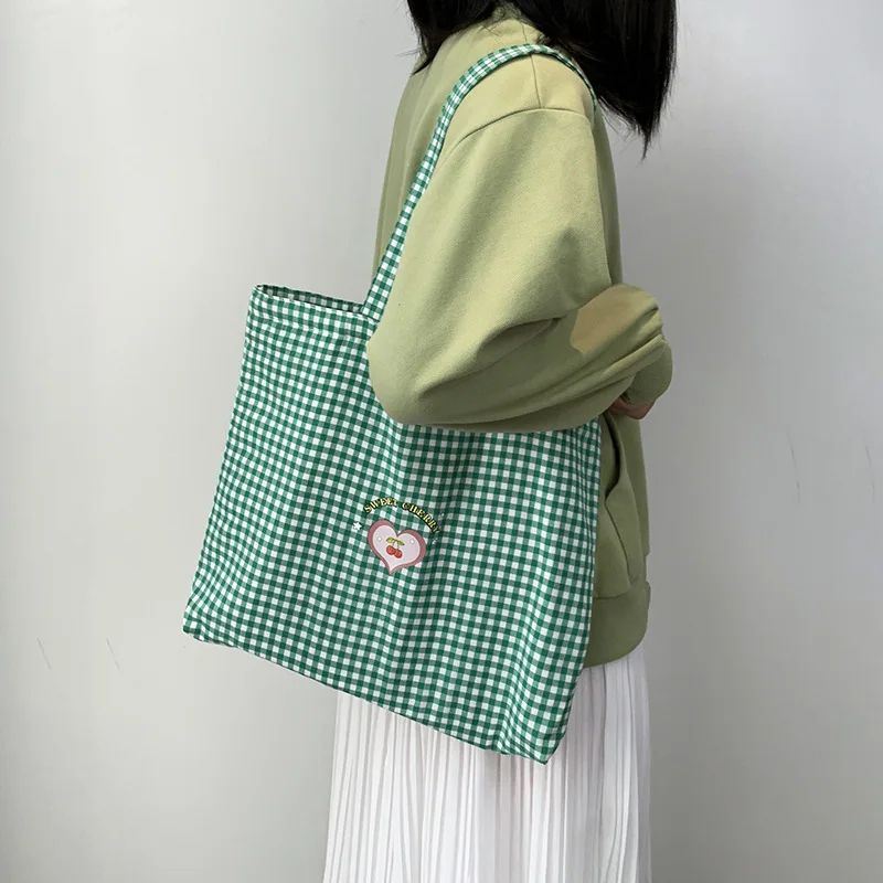 Retro Plaid Canvas Tote Bag For Women Zipper College Shoulder Shopping Bag 3