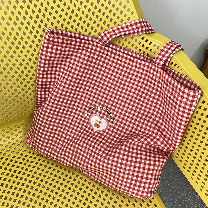 Retro Plaid Canvas Tote Bag For Women Zipper College Shoulder Shopping Bag 5
