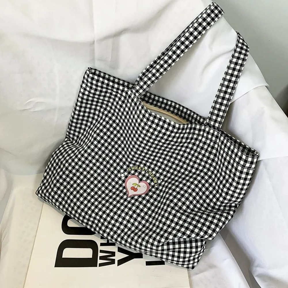 Retro Plaid Canvas Tote Bag For Women Zipper College Shoulder Shopping Bag 7